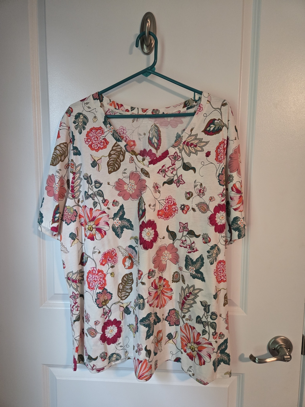 Lane Bryant White V-Neck Tee with Pink & Green Floral Print